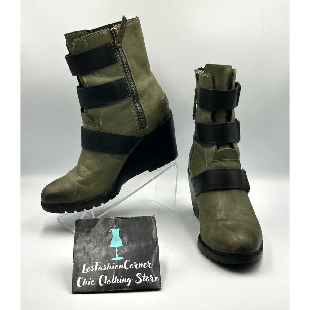 Sorel Women’s Olive/Black Leather After Hours Nori Wedge Boots Size 9 3280